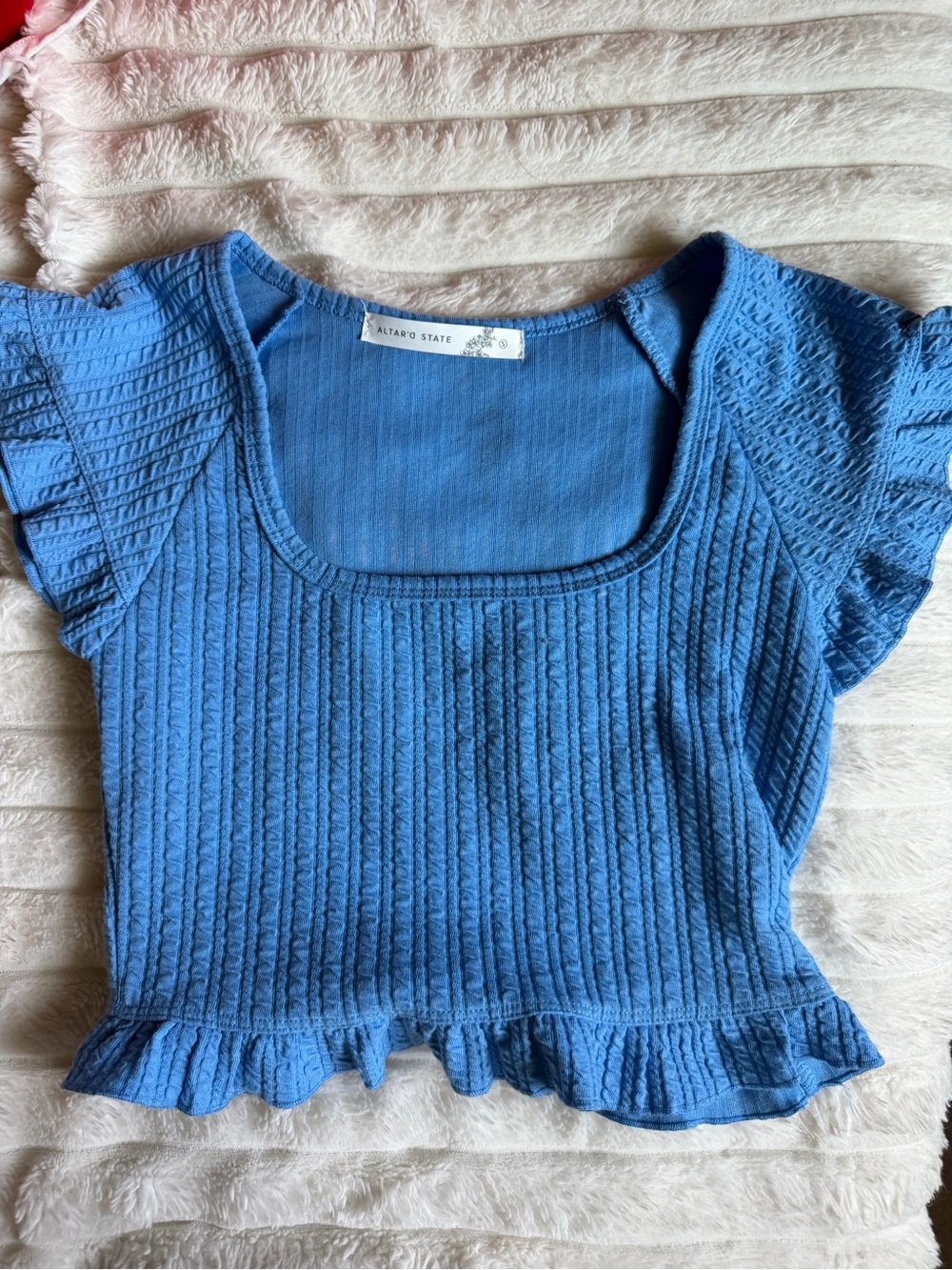 Altar'd State Blue Ribbed Square-Neck Ruffle Crop Top